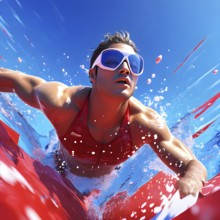 Abstract digital render of an olympic triathlete in swimming morphing into fluid shapes, AI