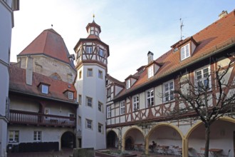 Inner courtyard with tower and arcade of the parish centre of St. Gumbertus Church, Ansbach, Middle