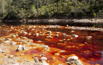 Blood red mineral laden water Rio Tinto river Minas de Riotinto mining area, Huelva province,