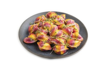 Rainbow colored dumplings with pepper, herbs, microgreen isolated on white background. Side view,