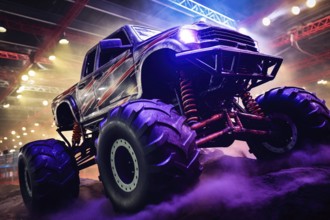 Monster truck illuminated by neon lights amidst a cloud of dust at an indoor arena- excitement and