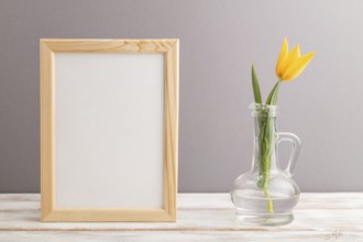 Wooden frame with orange tulip flower in glass on gray pastel background. side view, copy space,