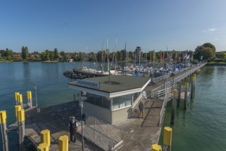 Nonnenhorn on Lake Constance, jetty, marina, townscape, blue sky, Bavaria, Germany, Europe