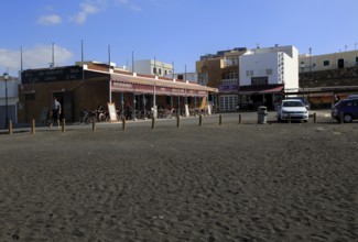 Cafe by black sand beach at Ajuy, Fuerteventura, Canary Islands, Spain, Europe