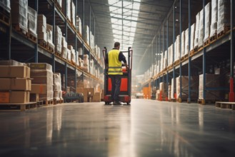 A worker in a reflective vest operates a forklift in a well-lit warehouse, navigating through