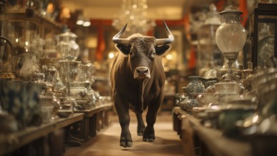 Very large bull with horns in a China shop filled with glassware. generative AI, AI generated