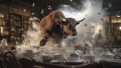 Very large bull with horns running through a China shop filled with glassware. generative AI, AI