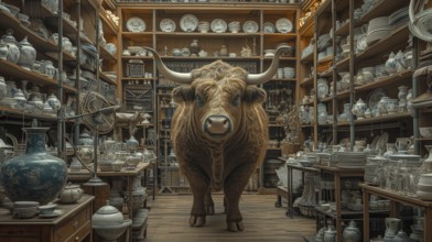 Very large bull with horns in a China shop filled with glassware. generative AI, AI generated