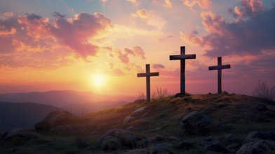 Easter concept three crosses on Golgotha Calvary hill against a dramatic sunset, AI generated