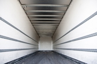 Inside empty container on the back of a HGV vehicle, UK