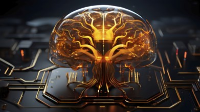 Human brain intricately interlinked with the circuits of a computer board symbolizing artificial