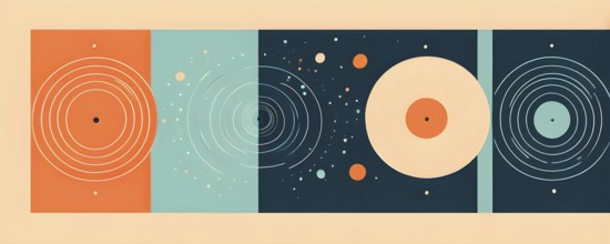 Abstract geometric illustration of circular shapes and spheres in a minimalist composition, AI