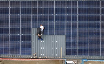 Installation of solar modules on the roof of a barn on a farm, over 210 photovoltaic modules are