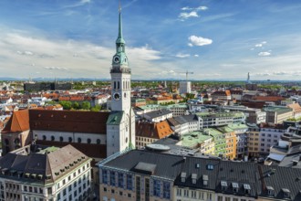 Aerial view of Munich and St. Peter Church, Marienplatz and Altes Rathaus, Bavaria, Germany, Europe