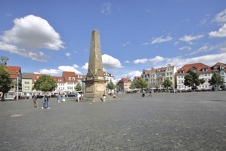 Cathedral square with Erthal obelisk built in 1777, monument with column, people, houses, cathedral