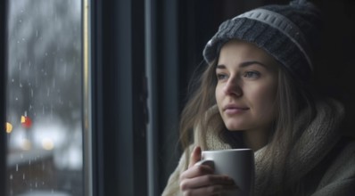 Contemplative young girl sitting next to the window as snow and rain falls outside, generatvie AI,