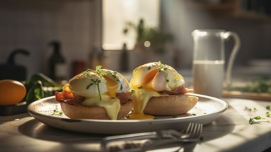 Delicious fresh eggs benedict breakast plate on table, generative AI, AI generated