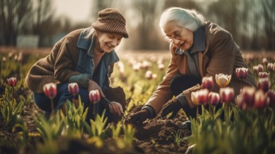 Elderly lady friends planting some spring plants together in the garden, generative AI, AI