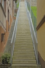 Staircase with poem Steps by Hermann Hesse, staircase with inscription, 'As every blossom withers