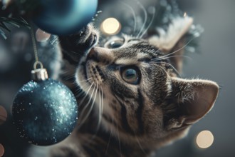 Tabby cat playing with blue Christmas tree bauble. Generative AI, AI generated