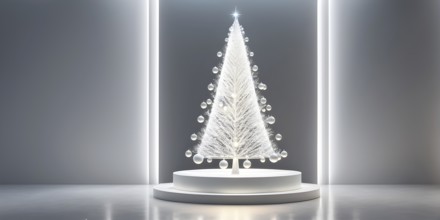 A three dimensional rendering of a futuristic Christmas tree made of glowing, semi-transparent