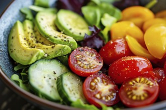 Healthy raw salad with tomatoes, avocado, cucumber and lettuce in bowl. Generative Ai, AI generated