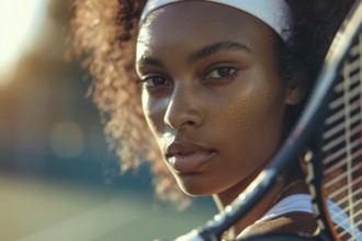 Close up of black woman's face with tennis racket. Generative Ai, AI generated