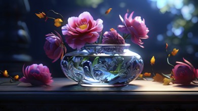 Transparent crystal glass vase with vibrant blooming flowers, AI generated