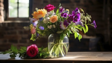 Transparent crystal glass vase with vibrant blooming flowers, AI generated