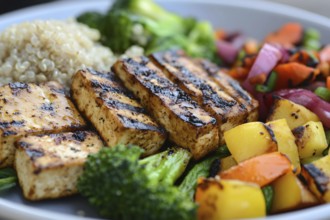 Healthy vegan meal with fried tofu, quinoa and vegetables. Generative Ai, AI generated