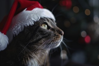 Portrait of cat with red santa hat. Generative Ai, AI generated