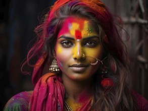 Indian woman colored face portrait during Holi Hindu festival, AI generated