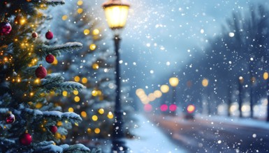 Christmas Eve with snowflakes fall under the light of a streetlamp with a decorated tree in the