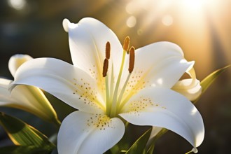 Blooming Easter lilies with soft white petals and a yellow center, bathed in gentle sunlight, AI