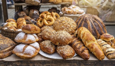 Food, baked goods, many different sweet baked goods and pastries, in a bakery, AI generated, AI