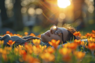 A young woman lies relaxed in a meadow, surrounded by crocus flowers, enjoying the first warming