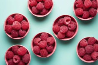 Top view of bowls with raspberry fruits on mint green background. KI generiert, generiert, AI