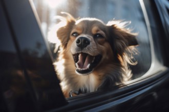 Panting dog inside of car in summer. KI generiert, generiert AI generated