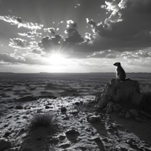 Meerkat silhouetted against the setting sun standing atop a termite mound in the kalahar desert, AI