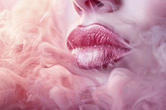 Close up of woman's lips surrounded by pink smoke. KI generiert, generiert, AI generated