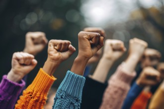 Close up of many women's raised fists. KI generiert, generiert, AI generated