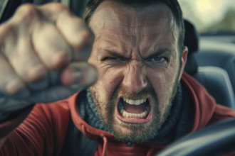 Angry, unnerved, aggressive, screaming man sitting behind the steering wheel and gesticulating