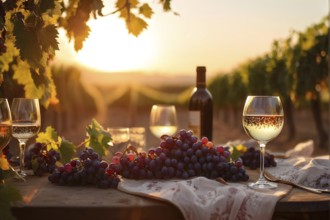 AI generated wine tasting table setup with wine and vine grapes nestled subtly amidst a thriving