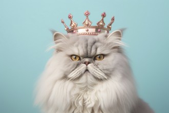 Persian cat with crown on blue background. KI generiert, generiert AI generated