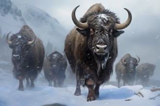 Herd of bison covered with ice walking in snow, AI generated