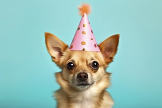 Small dog with pink birthday party hat on blue background. KI generiert, generiert AI generated