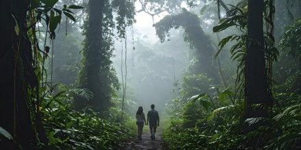 Adventurous couple hiking through dense amazon rainforest, AI generated