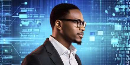 Black african american male it specialist engaged in analyzing data for cyber security, AI