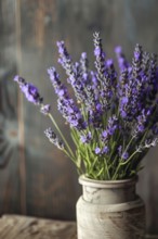 Lavender flowers (Lavendula) in a vase in a rustic, rural ambience, AI generated, AI generated, AI