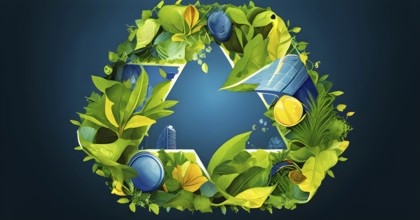 Recycling symbol morphing into growing plants and solar cells to symbolize the transformation of